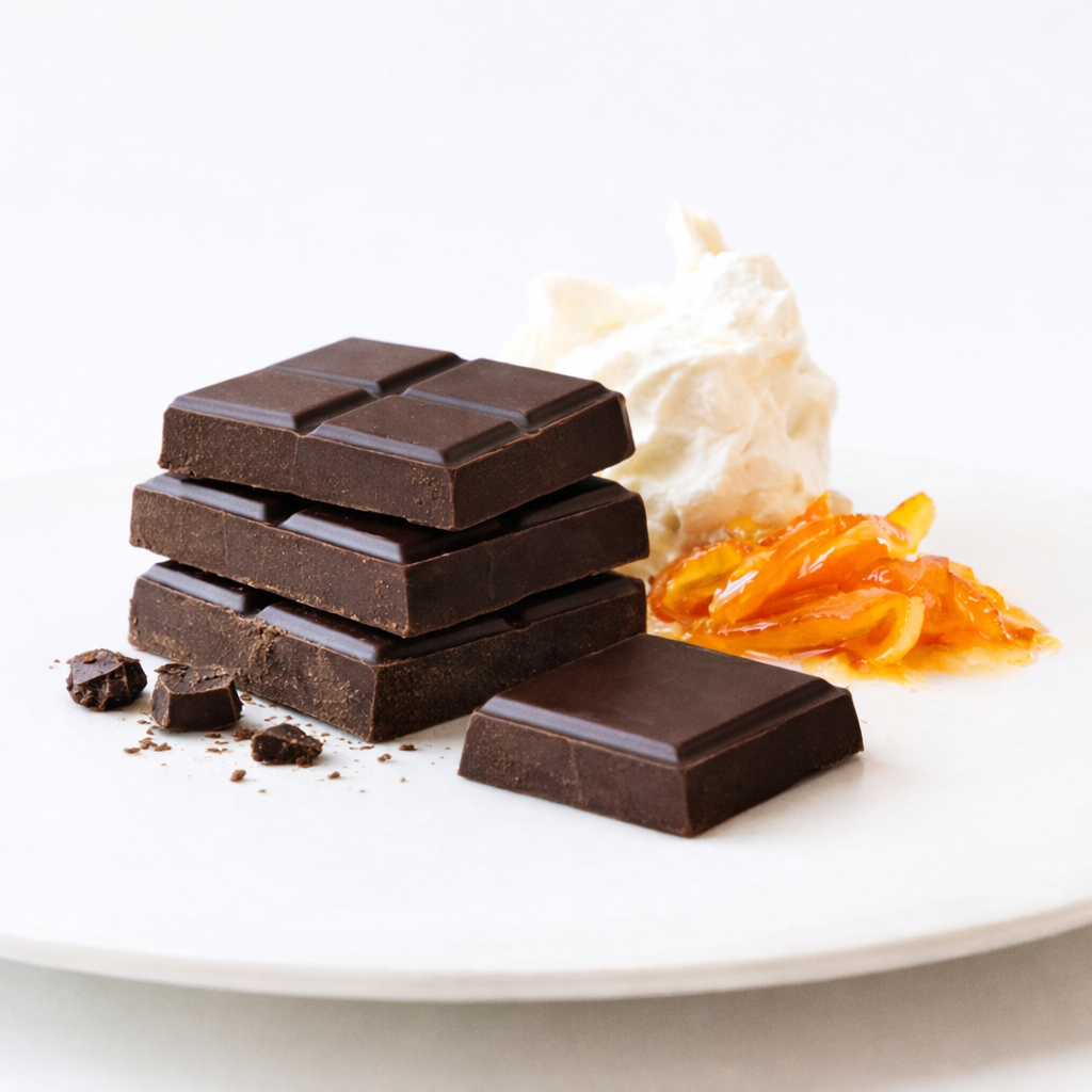 お皿にビターチョコレートと生クリーム、オレンジピールが載っている