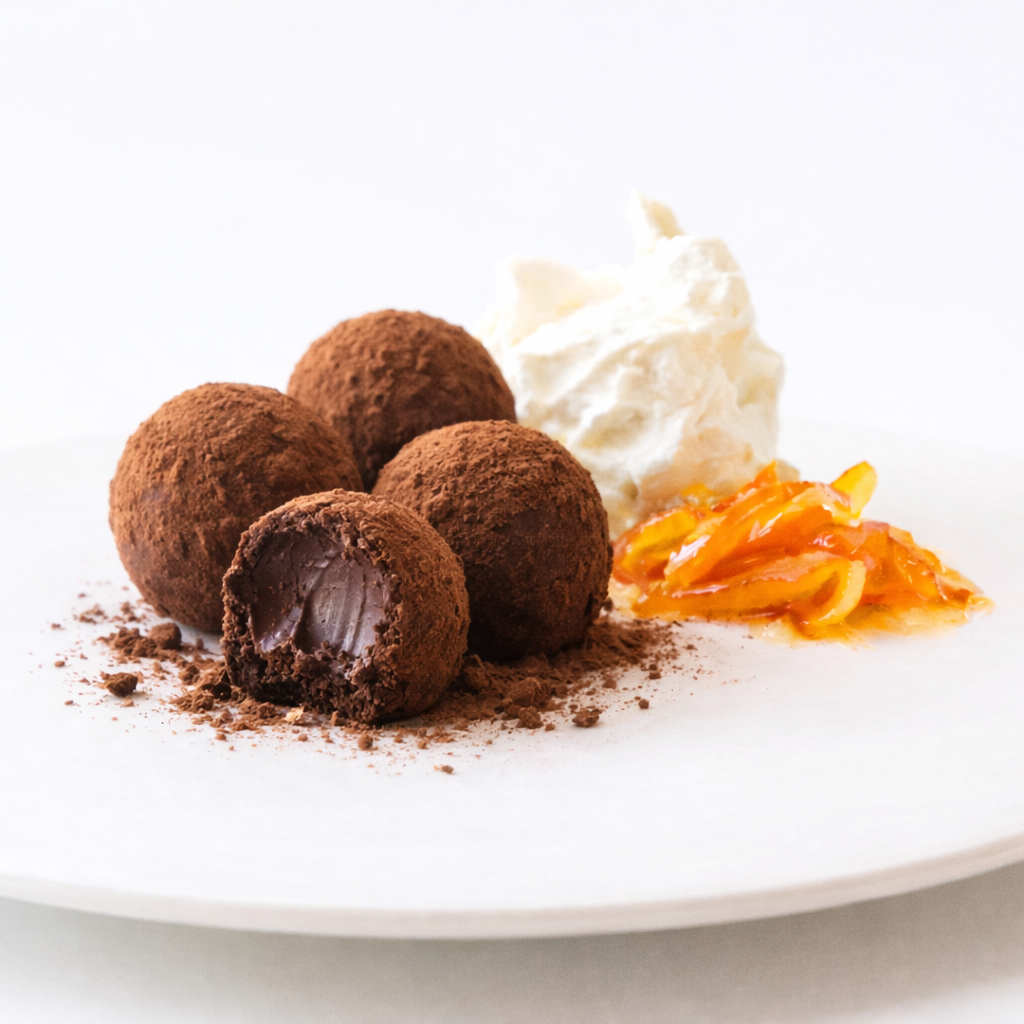 お皿にトリュフチョコと生クリーム、オレンジピールが載っている