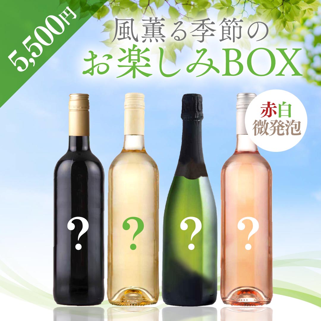 【WEB限定】 2026年風薫る季節のお楽しみBOX 5,500円　赤1本/白1本/泡1本/微発泡1本 B【4月24日以降のお届け】