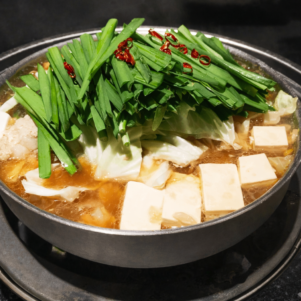 お鍋の中にもつと野菜（にら、キャベツ）とお豆腐が入ったもつ鍋